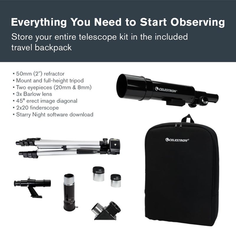 Celestron تلسكوب سيلسترون للسفر 50 - تلسكوب انكساري محمول - فتحة 50 مم، عدسات زجاجية مطلية بالكامل - يشمل حامل ثلاثي، حقيبة ظهر وبرامج - مثالي للمبتدئين والسفر - Image 3